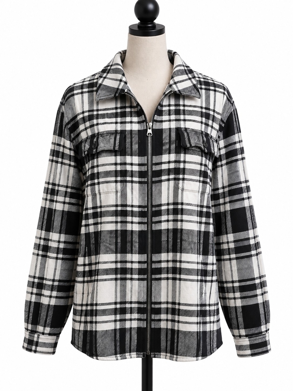 CHAPS Denim Black White Plaid Zip Front Shacket Jacket Size Large